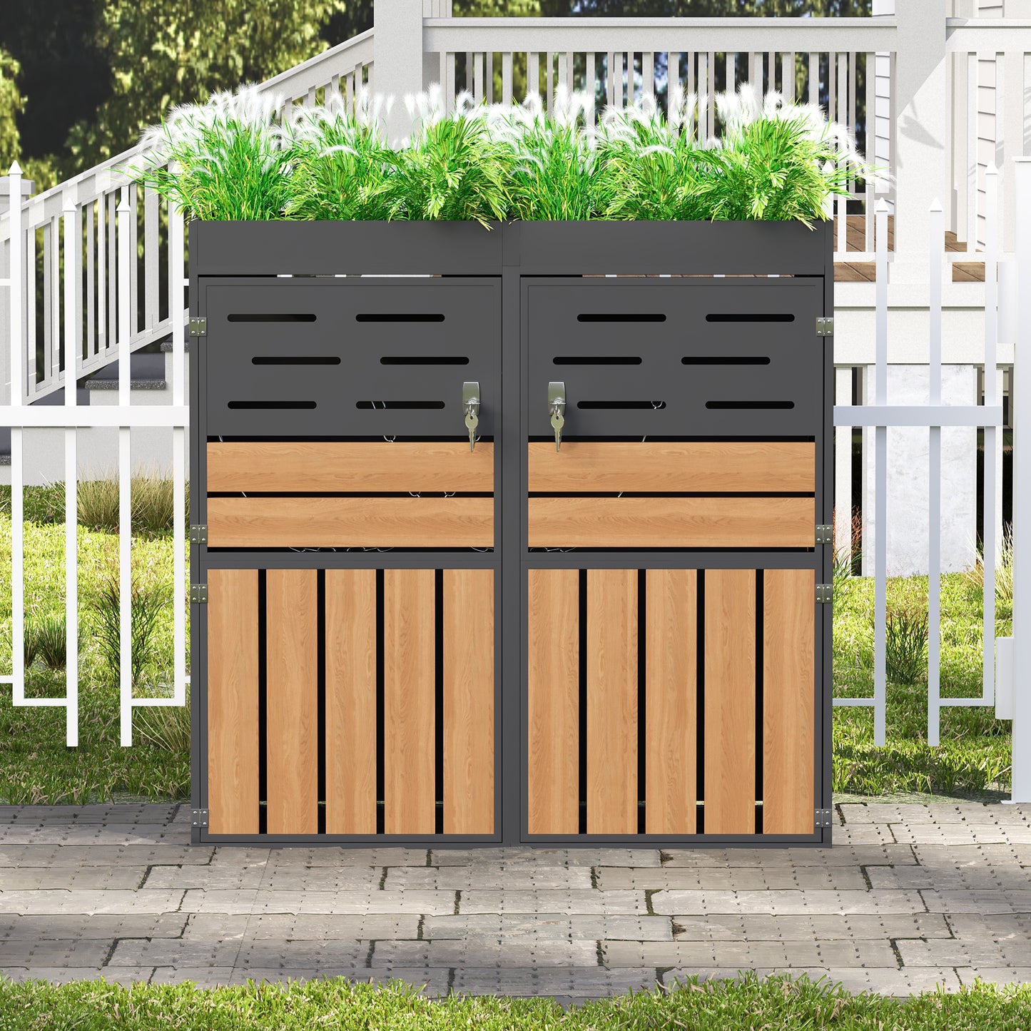 Multifunctional Outdoor Cabinet With Integrated Planter, Slat Ventilation, Two Separate Compartments, Galvanised Steel Frame And Safety Chain  For Storage And Garden Decoration  Without Waste Bins
