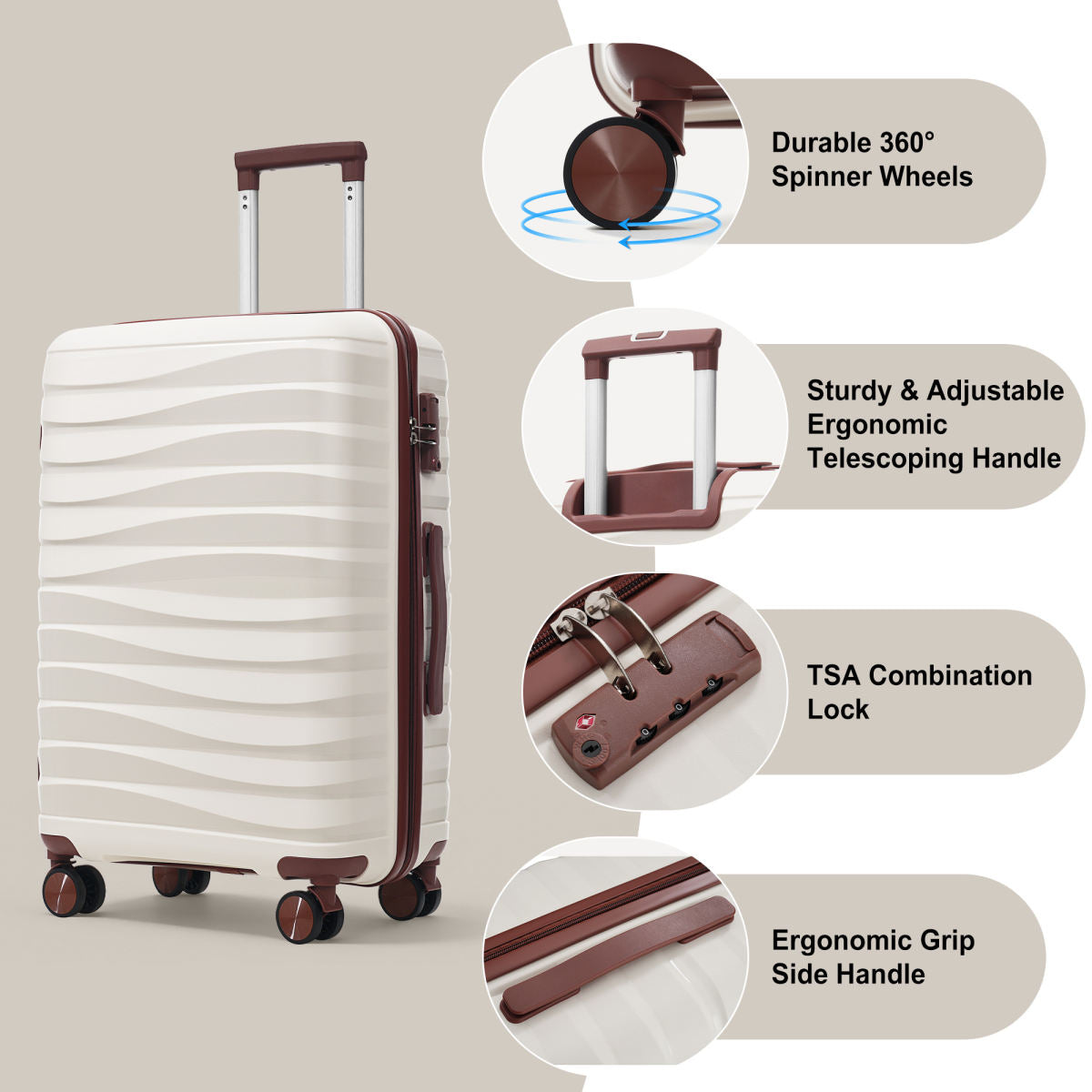 Premium PP Travel Luggage Set , 3-Piece TSA Lock Suitcase Ensemble with 20, 24, and 28 Inch Sizes with 360° Spinner Wheels, ivory and brown