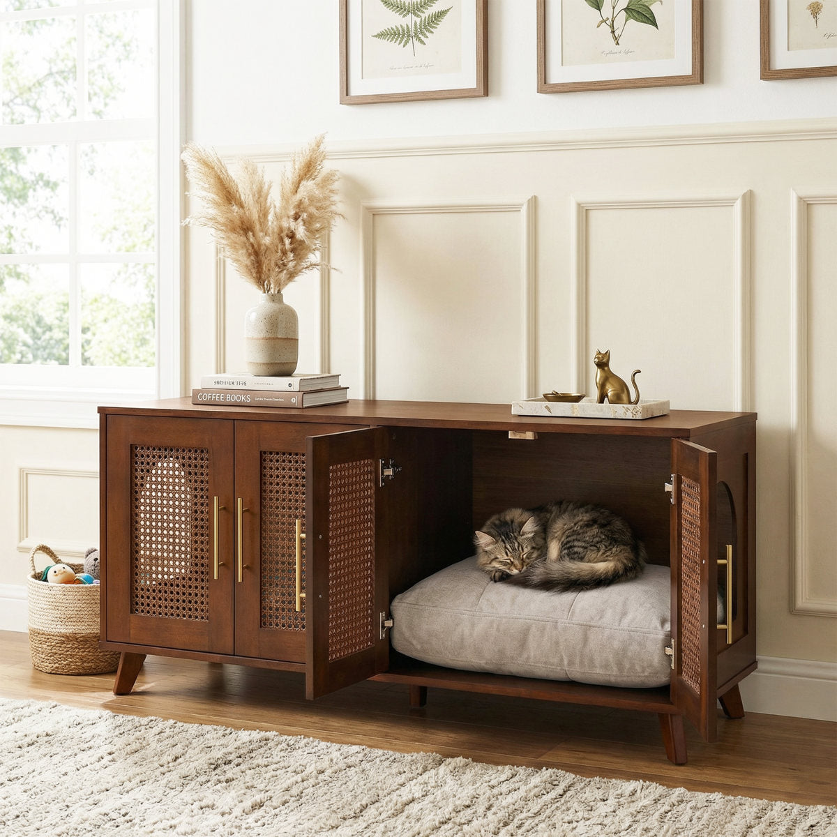 Myra Indoor Premium Rubber Wood Cat Cabinet With Cozy Cushion Stylish Hidden Pet Furniture For Modern Living Spaces