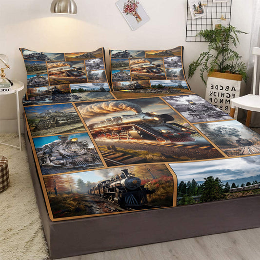 Train Fitted Sheet, Vintage Steam Train Bedding Set For Boys Men, Transportation Vehicle Bed Set 3Pcs Bedroom Decor No Flat Sheet