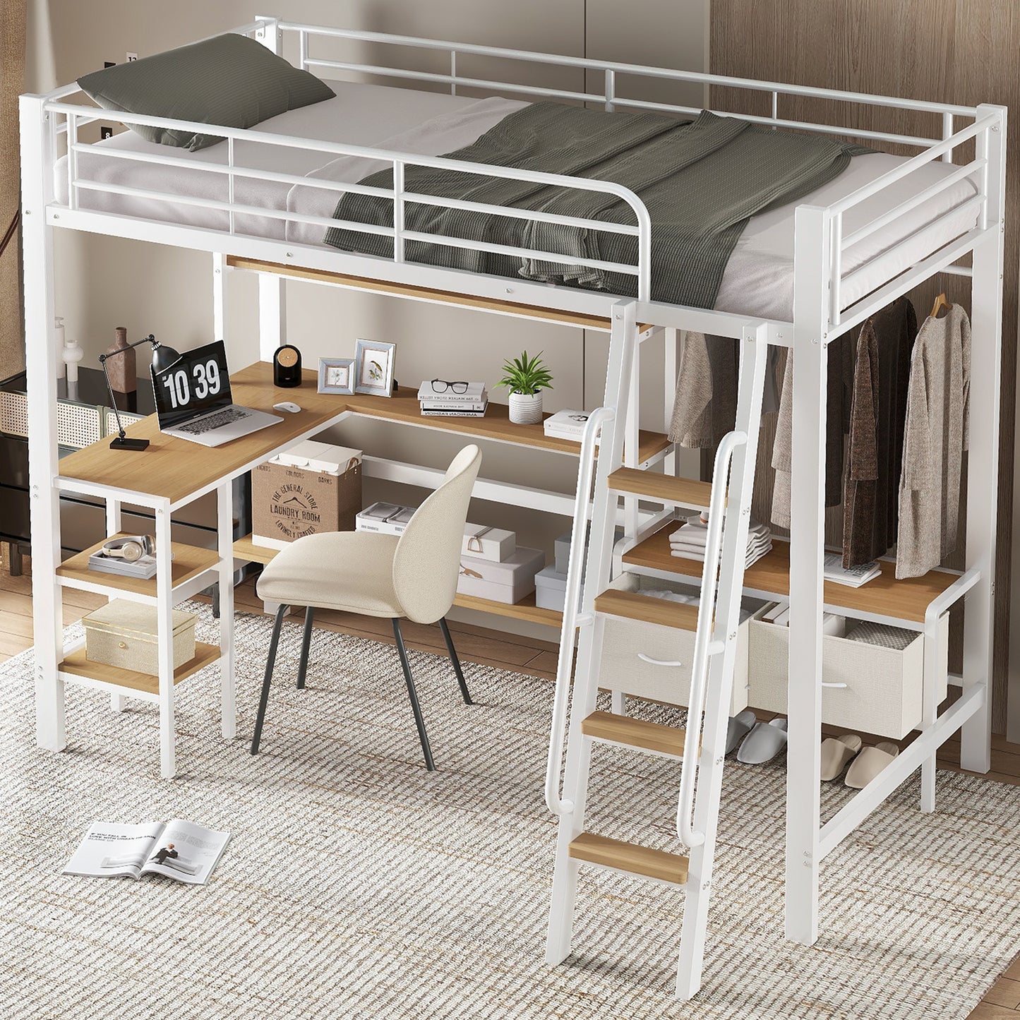 Iron Bed, Loft Bed, Including Two Fabric Storage Boxes, With Desk And Storage Shelf, Four-Story Inclined Staircase, Iron  MDF, White Natural, 90x200cm
