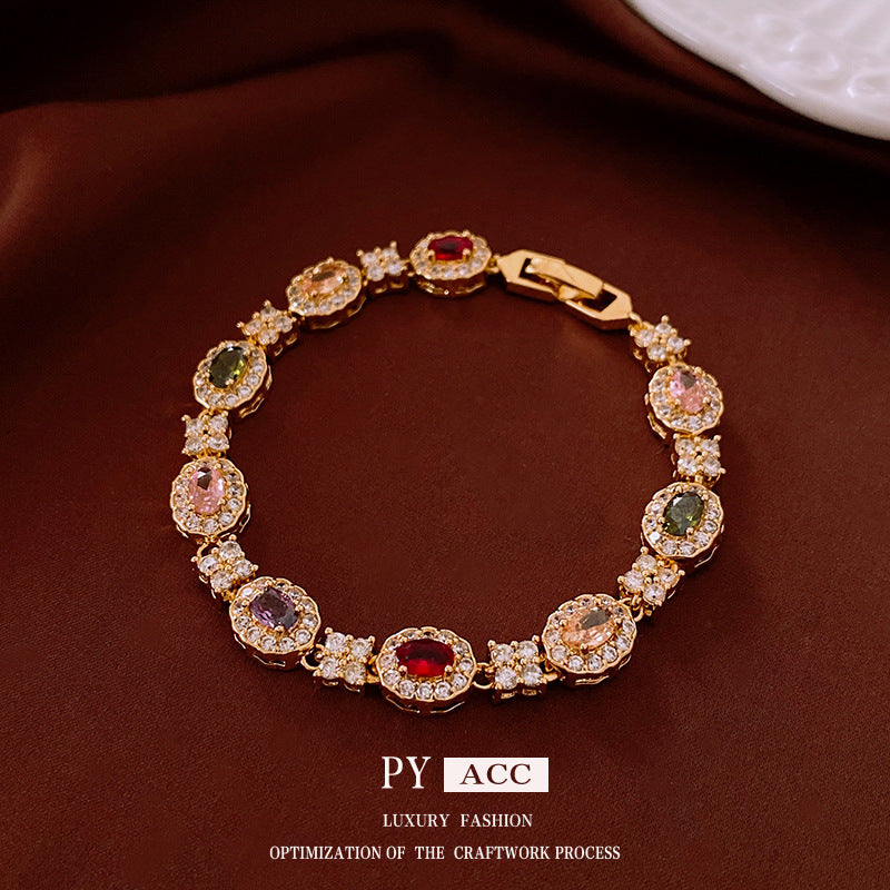 18K Gold Plated Oval Zirconia Buckle Bracelet Vintage Premium Bangle Chic Retro Fashion Hand Jewelry