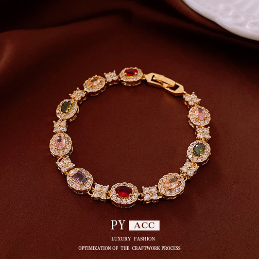 18K Gold Plated Oval Zirconia Buckle Bracelet Vintage Premium Bangle Chic Retro Fashion Hand Jewelry