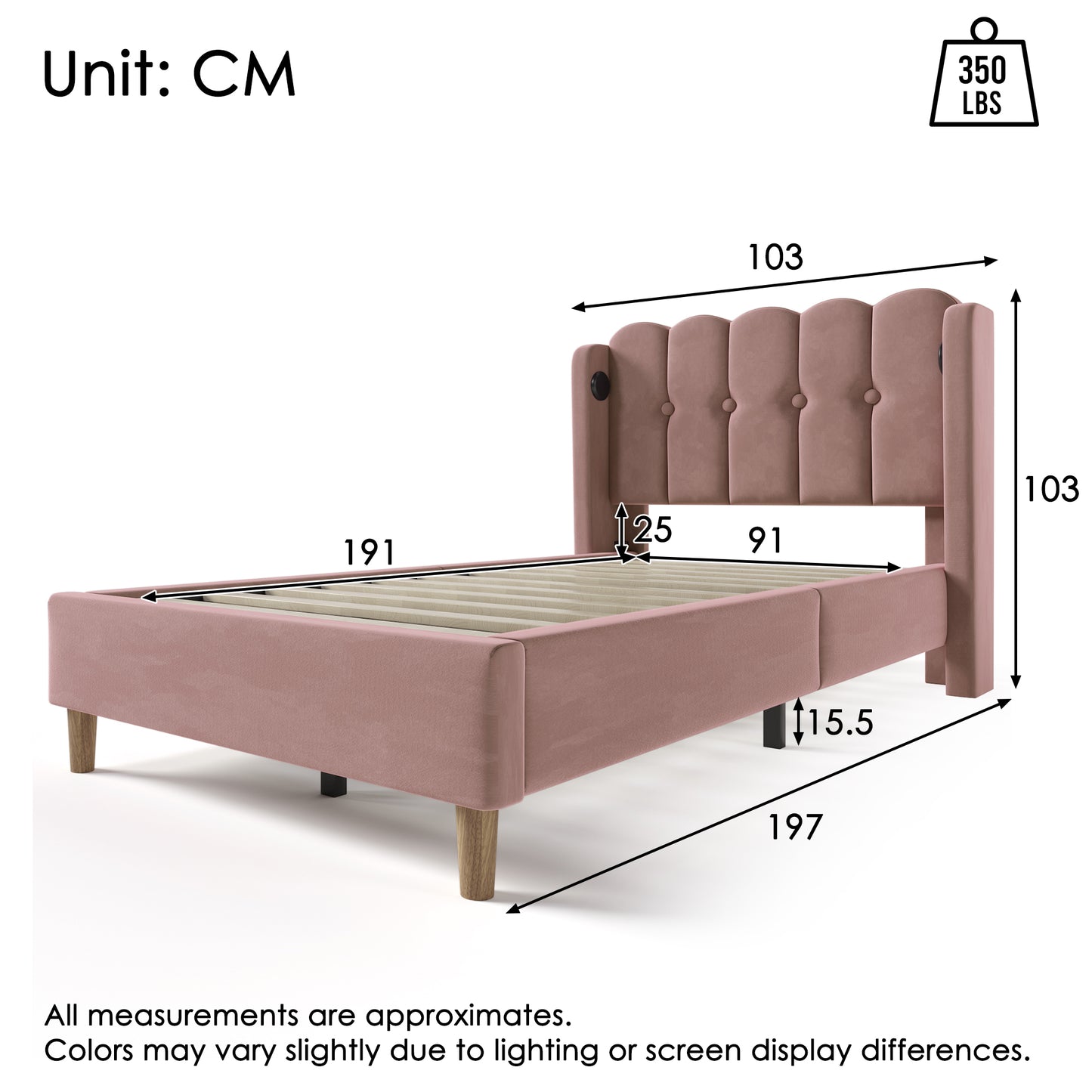 Upholstered Single Bed With USB And Type-C Charging, 3FT Bed Frame With Wooden Slatted Frame, Teenager Bed For Bedroom & Guest Room, 90 X 190 Cm, Pink, Velvet   No Mattress  .
