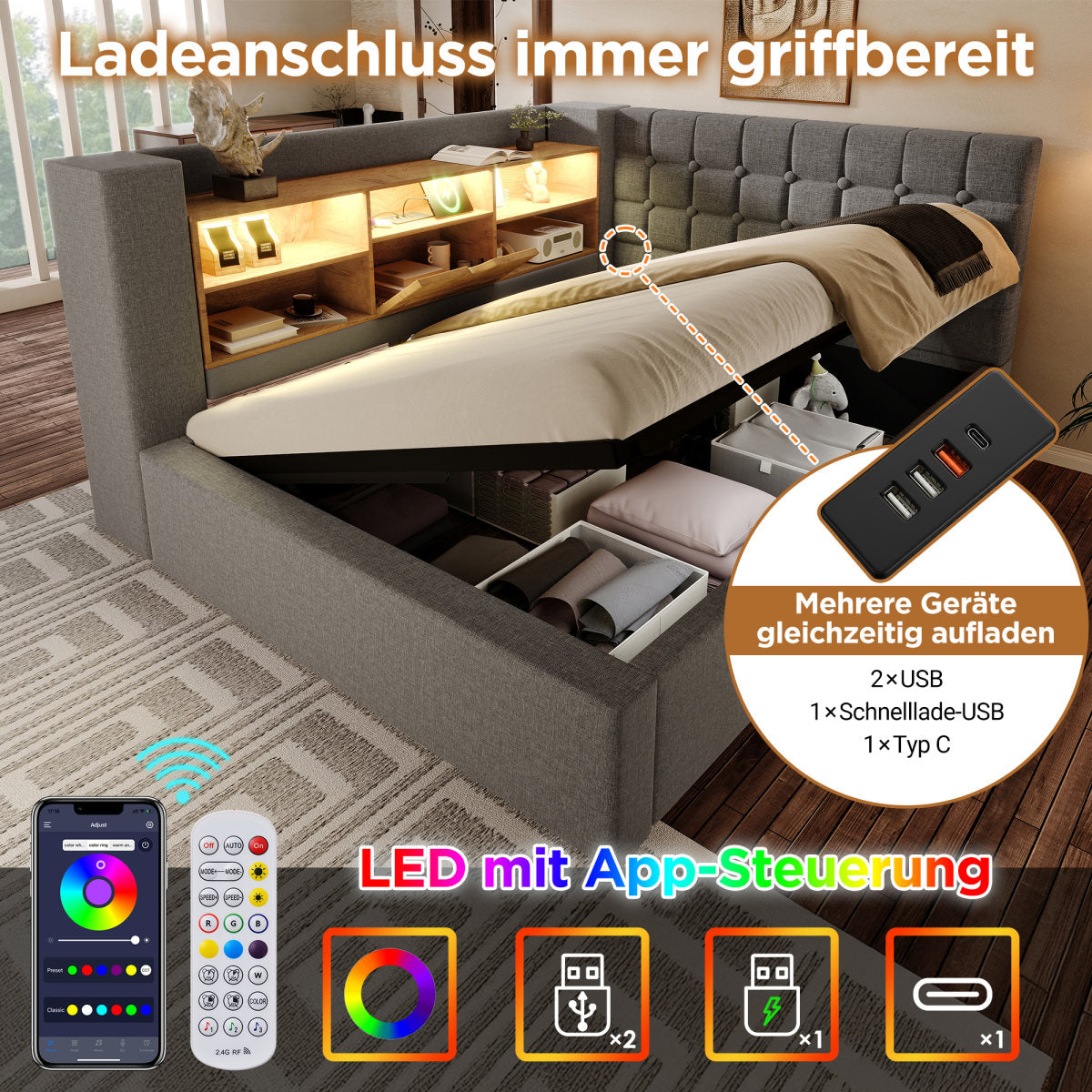 Upholstered Bed 140x190 Cm Double Bed With LED Lighting, Hydraulic Storage, L-shaped Headboard With Storage, Can Be Mounted On Both Sides, Slatted Base, Linen Fabric, Grey  Without Mattress