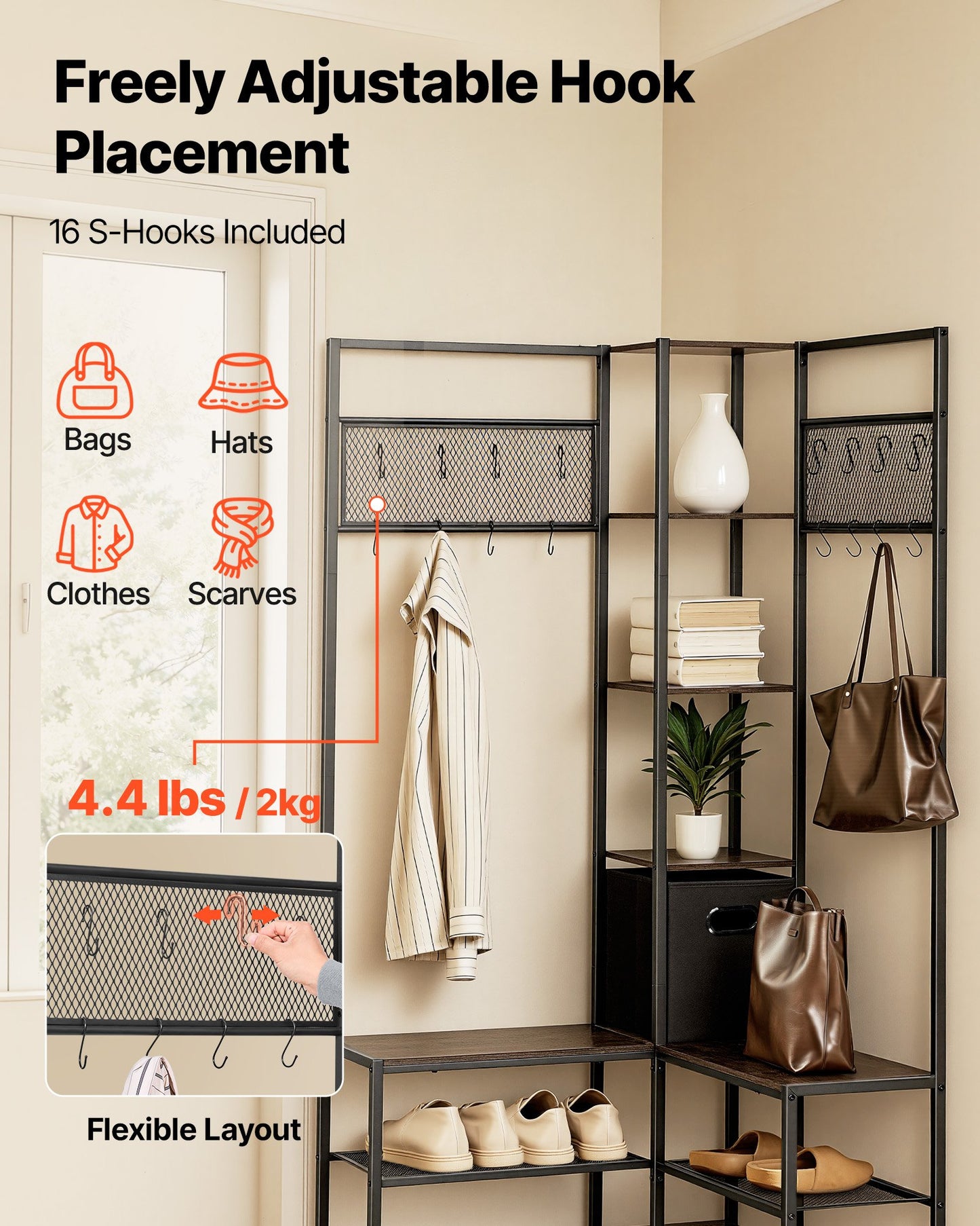 Corner Hall Tree With Shoe Bench, 70.9 In Coat Rack With Hooks And Steel Frame, Freestanding Clothes Shoes Rack Storage Organizer With Anti-Tip Set, For Entrance, Closet, Office, Rustic Brown