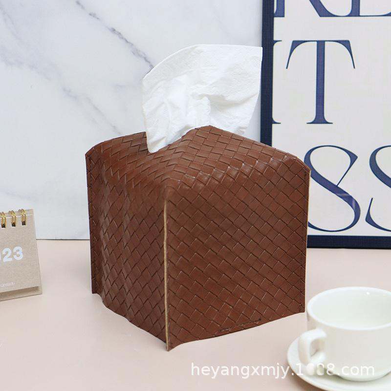 Leather-woven Checkered Tissue Box Dining Table Napkin Holder Tissue Storage Pouch