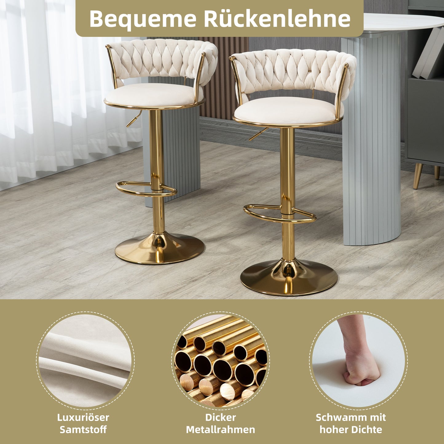 Old Sku W1880109463,Velvet 360 Swivel Bar Stool 2 Piece Set, Handmade Backrest One-Button Adjustable Height Bar Stool, Very Soft Upholstered Kitchen Dining Chair, Kitchen Island