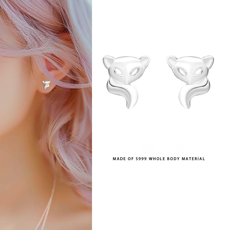1pair 999 Sterling Silver Smooth 3D Fox Stud Earrings, Tiny Chic Minimalist Style, For Daily Dating Wear & Women Valentine Birthday Gifts