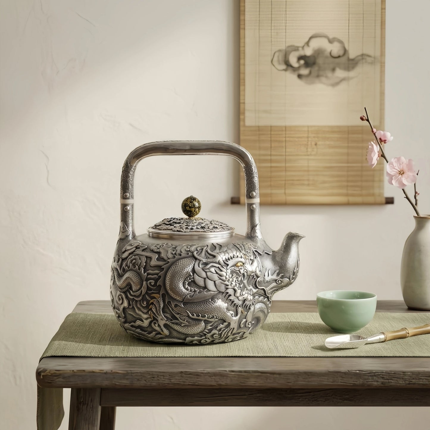 Pure 999 Fine Silver Exquisite Silver Dragon Tea Vessel with Ornate Relief and Dark Gemstone Accents - Handicraft