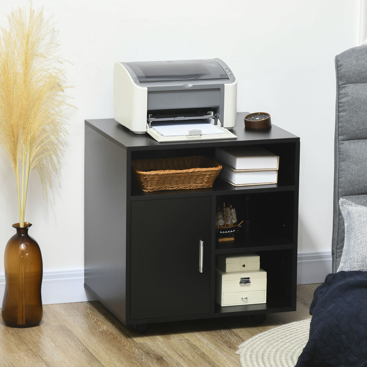 Multi-Storage Printer Stand Unit Office Desk Side Mobile Storage W/ Wheels Modern Style 60L X 50W X 65.5H Cm - Black
