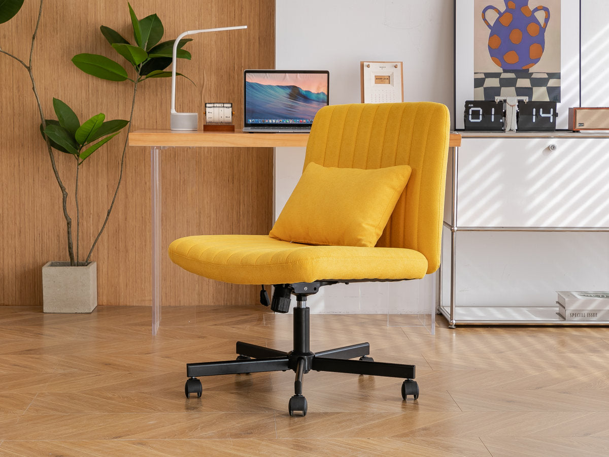 Yellow Linen Criss Cross Armless Office Chair with Wheels - Versatile for Home Office, Meditation & Makeup