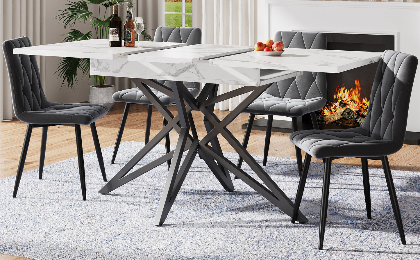 Extendable Dining Table 120  160 X 80 Cm, Extendable Kitchen Table, Breakfast Table, Star-shaped Table Legs, Black Iron Legs, Walnut Imitation Marble Tabletop