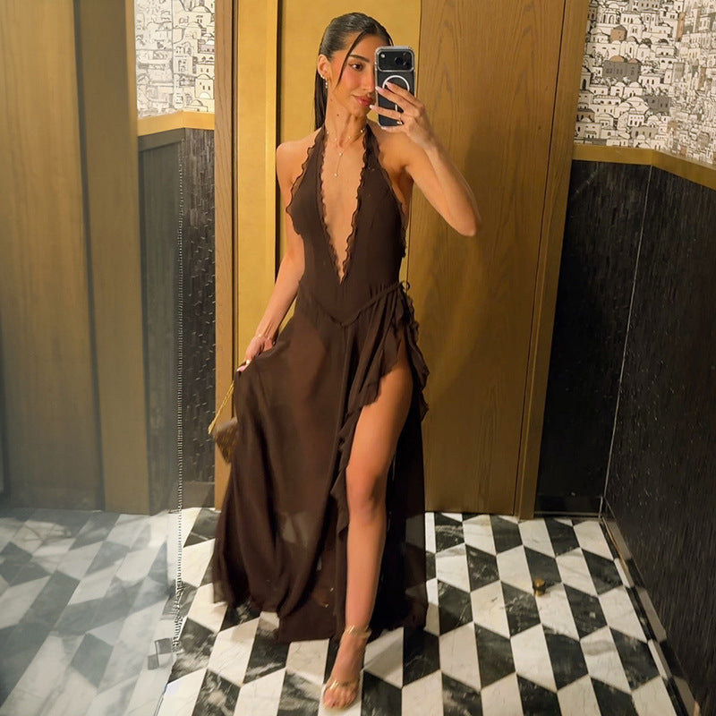 New European And Americanstyle Sexy Lowneck Highslit Halter Dress Adorned With Lace Trim