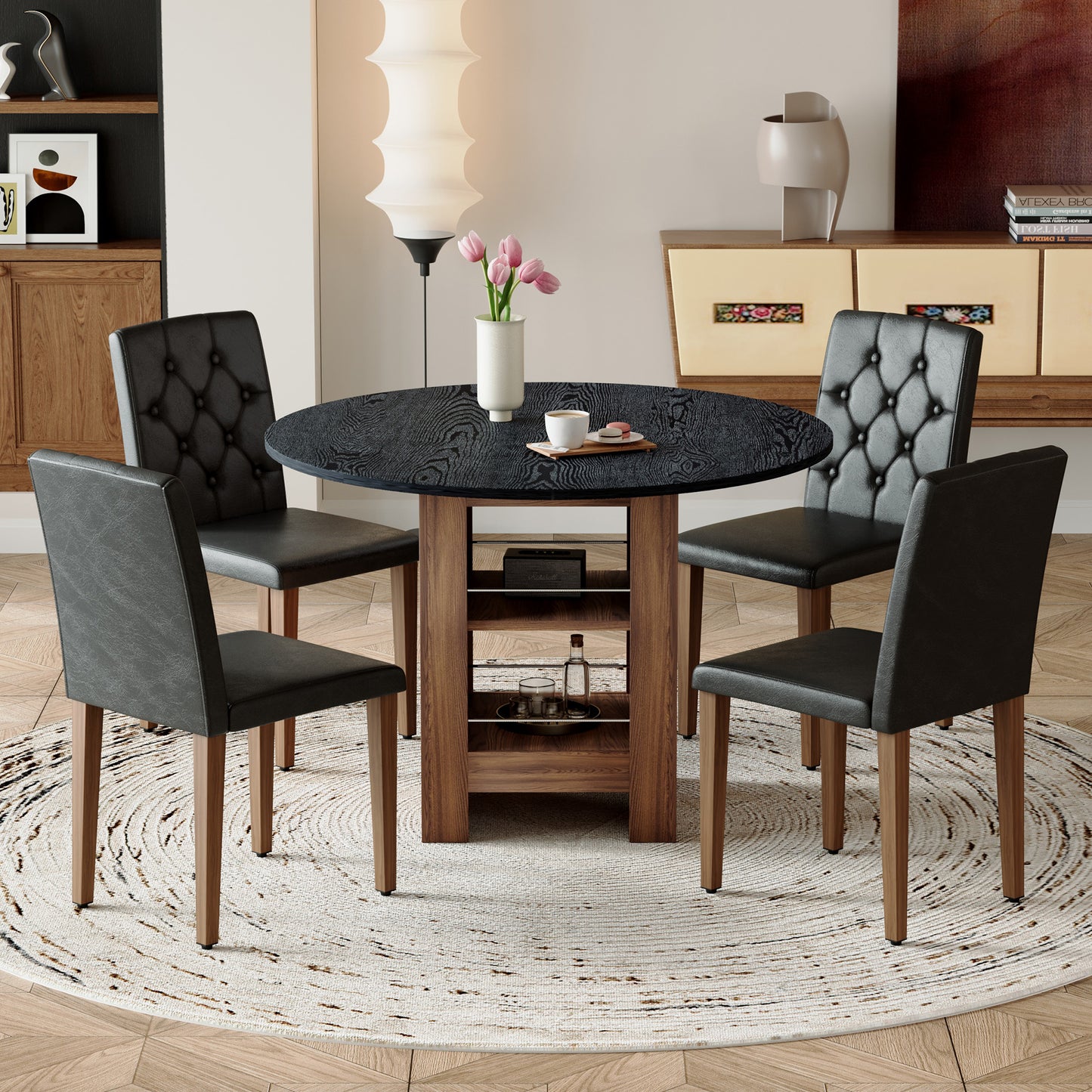 Table And Chair Set. 42 Inch Round MDF Black Dining Table With Double-layer Storage Shelves. Paired With 4 Black PU Chairs With Decorative Buckle Design On The Backrest.For Dining Room,Kitchen,etc.