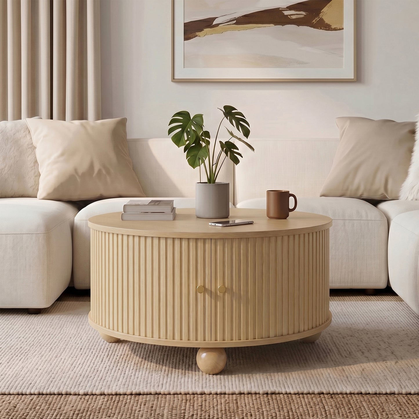 Coffee Table, Round Coffee Table, Living Room Table, Circumferential Vertical Relief Structure, Two Sliding Doors, MDF Body, Metal Handles, Spherical Metal Feet, Four Separate Storage Compartments