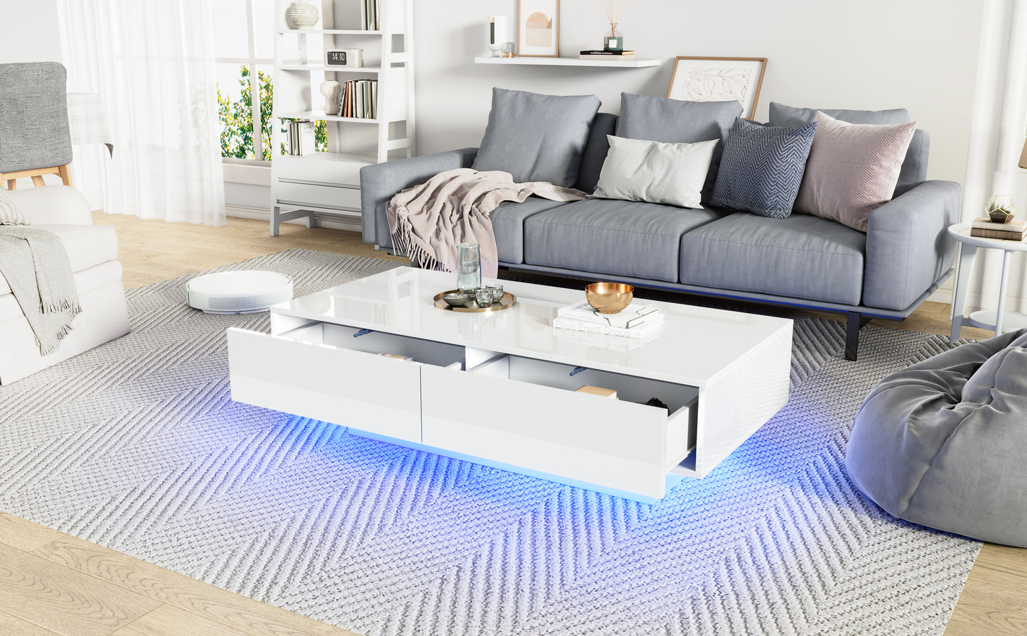 Modern High-gloss Coffee Table In White, 115 X 55 X 34 Cm, With 2 Drawers, LED Lighting And 30 Kg Load Capacity  Elegant Living Room Table