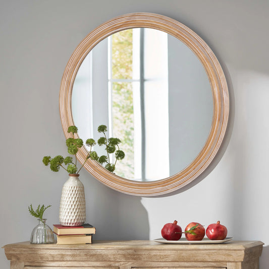 27.5 Inches Round Wall Mirror For Bathroom Vanity, Wooden Farmhouse Circle Mirrors For Bedroom, Entryway, Living Room, Kithen Whitewash Edge Decorative Mirror For Home, Office