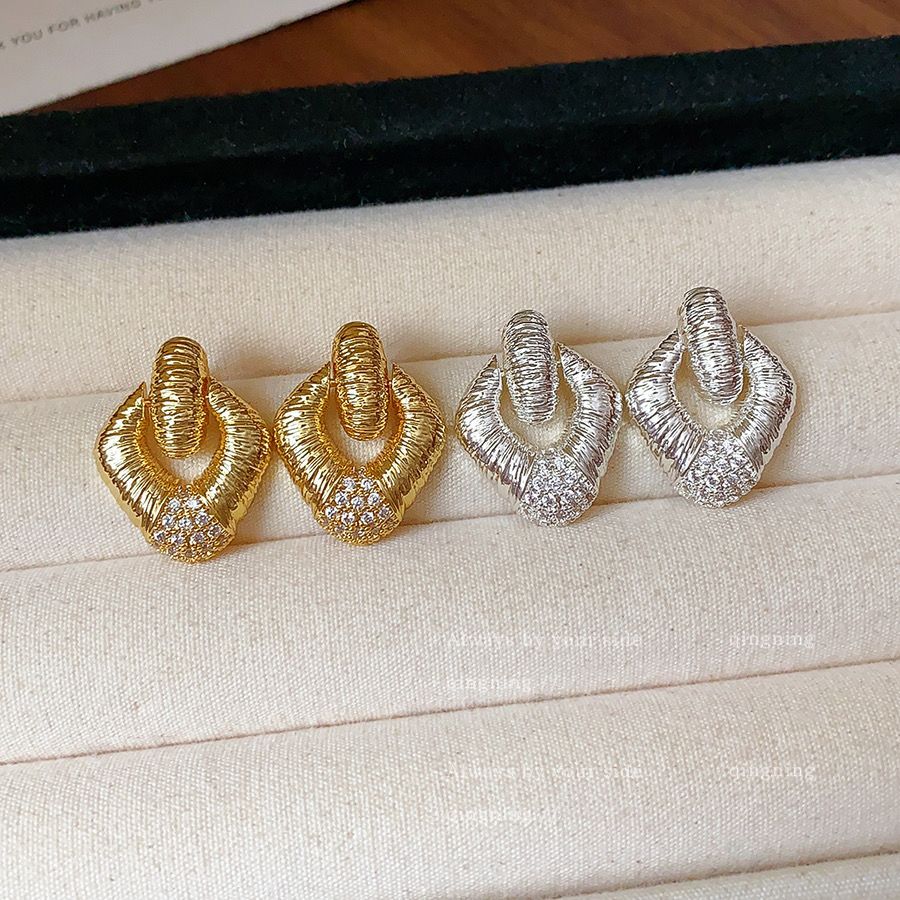 Diamond Studded Rhombus Geometric Earrings, Luxury Chic Women's Fashion Jewelry