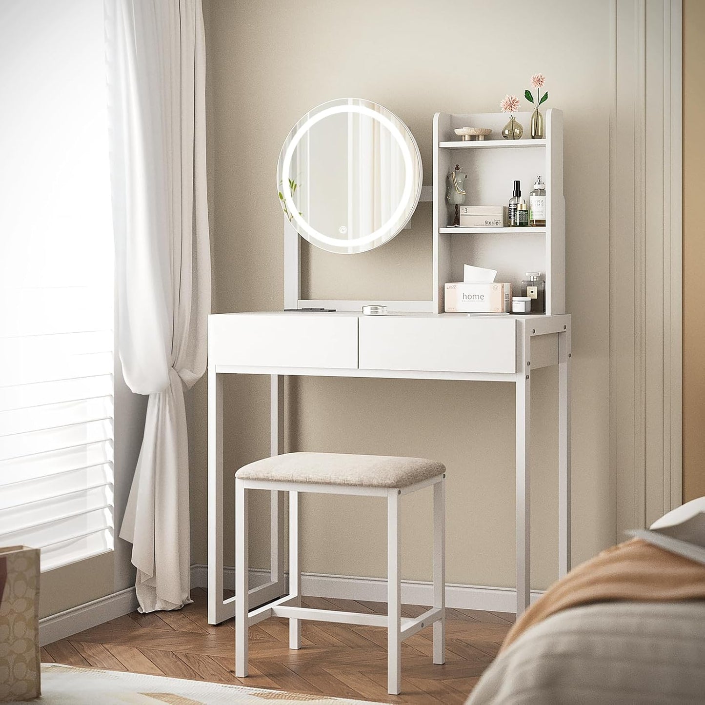 Small Vanity Desk With Mirror And Lights, Makeup Vanity Table With LED Mirror, 3 Lighting Modes, Power Outlet, Drawer, Open Shelves And Cushioned Stool For Bedroom  White