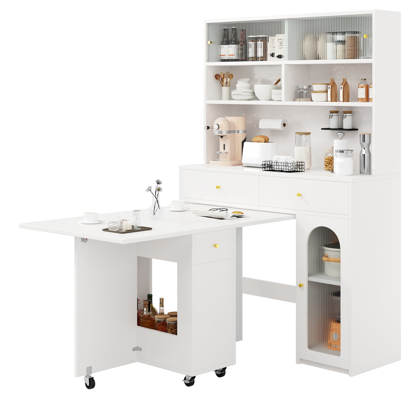 Kitchen Cabinet Set With Folding Dining Table And Bar Table, Mobile Dining Table On Wheels, Tall Cabinet With Storage Space, Furniture Set For Kitchen, Dining Room And Living Room, White