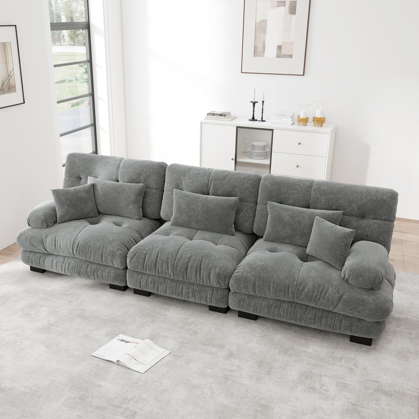 3 Seater Modular Corner Sofa With Deep Seat, Chenille Sofa Bed Comfortable Upholstered For Living Room, Apartment, Studio, Office, Chenille Grey