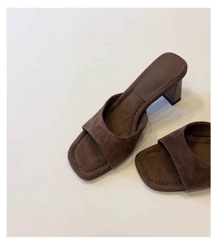 Elevated Version French Open Square Toe High Heel Slides For Women, Simple Slip-On Block Heel All-Match One-Strap Summer Outdoor Sandals