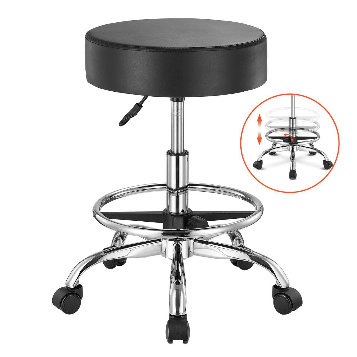 Sattelhocker Rollhocker 204 Kg Belastbarer Höhenverstellbarer (55-71 Cm) Drehhocker Arbeitshocker Mit Rückenlehne &  Fußstütze, PU-Leder-Drehsattelstuhl Für Salon Spa Massage Klinik Schwarz