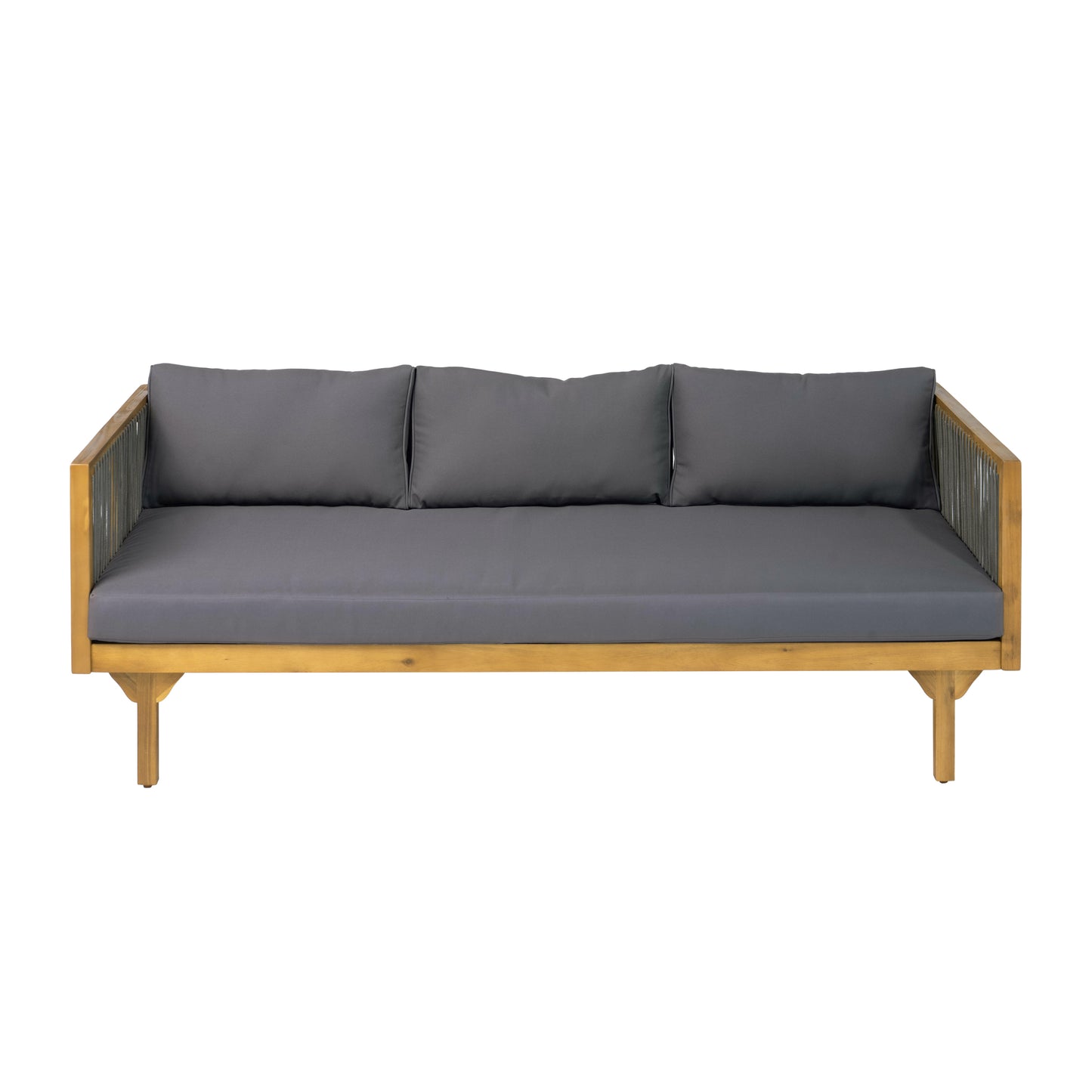 Outdoor Patio Sofa With Dark Grey Cushion & Grey Rope, Acacia Wood Teak Finish, Water Repellent Fabric, 600 Lbs Capacity, For Garden, Deck, Or Backyard