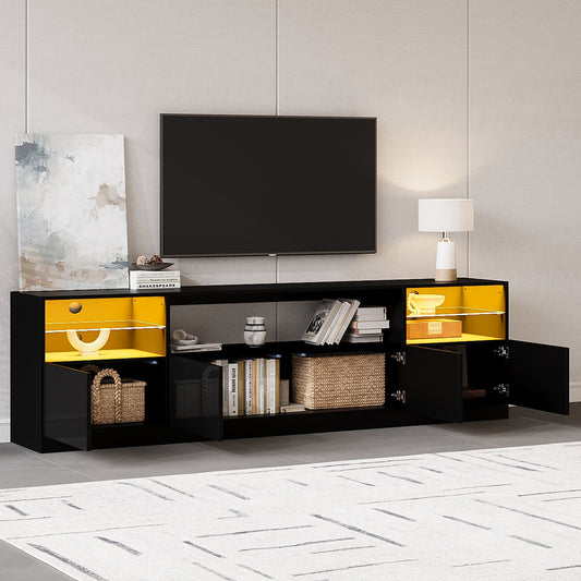 TV Cabinet With LED Lighting, Open Cabinet, 4 Hinged Doors, 8 Storage Spaces, Black High-gloss Cabinet, TV Stand For TVs Up To 75 Inches, TV Lowboard For Living Room, Dining Room, 180 X 35 X 60 Cm