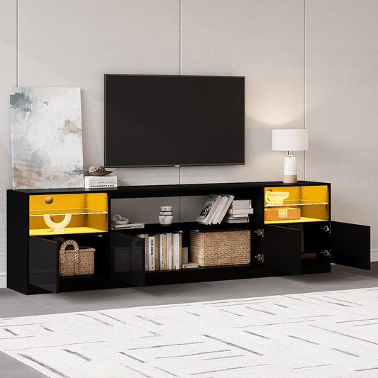 TV Cabinet With LED Lighting, Open Cabinet, 4 Hinged Doors, 8 Storage Spaces, Black High-gloss Cabinet, TV Stand For TVs Up To 75 Inches, TV Lowboard For Living Room, Dining Room, 180 X 35 X 60 Cm