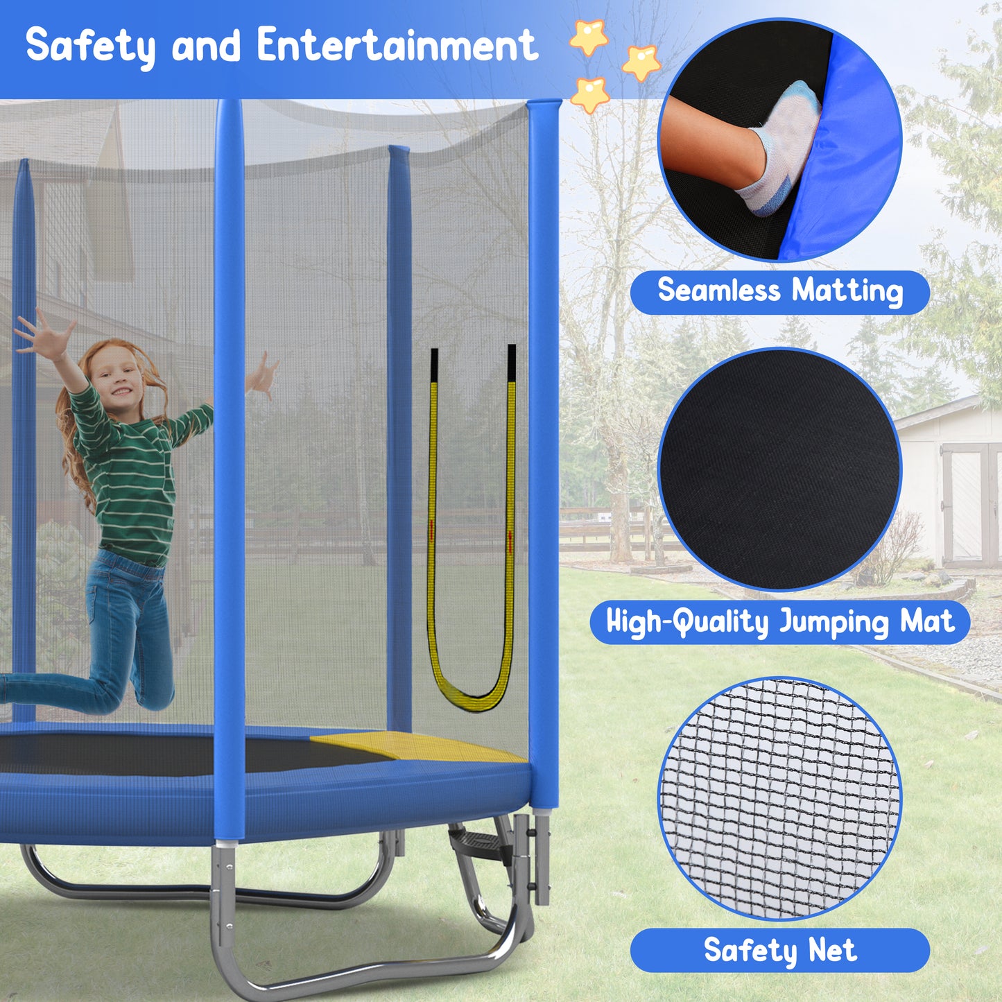 7FT Trampoline For Kids With Safety Enclosure Net, Slide And Ladder, Easy Assembly ,Regular Hexagon Outdoor Recreational Trampoline, Blue