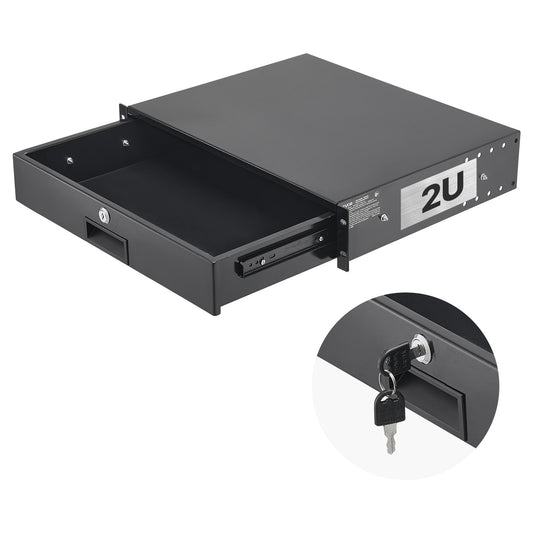 2U Rack Mount Drawer, 50 Lbs Max Load-Bearing, Lockable Server Cabinet Case, Sliding Drawer With Lock And Cable Management Holes, For 19 In Network Equipment Server AV Rack Or Cabinet Enclosure
