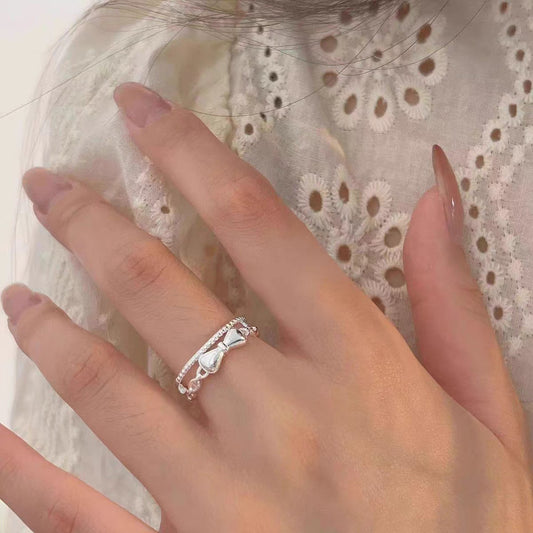 1pc 999 Sterling Silver Double Layer Bow Open Ring, Sweet & Elegant, Perfect For Daily, Dating & Gifting, Ideal Valentine's Gift