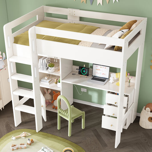 Children's Bed Loft Bed With USB-C Desk, Wardrobe And Filing Cabinet, Youth Bed Single Bed With Stairs And Slatted Base, Storage Space,90x200, Without Mattress