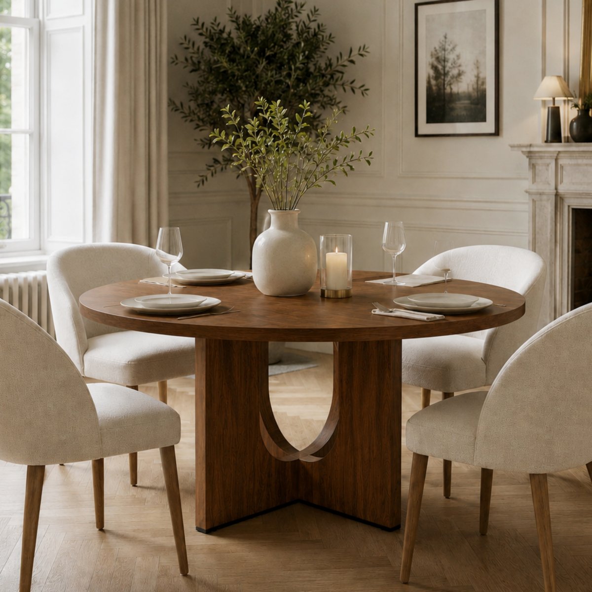 47  Round Dining Table For 4-6, 120 X 120 Cm Farmhouse Wood Kitchen Table, Round Table For Home Dining Room Living Room, Walnut Color  Only Table