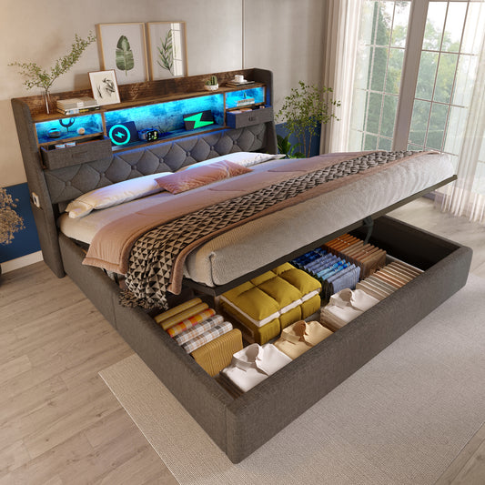 Upholstered Bed 160x200 Cm With Hydraulic Storage Space & LED Headboard, 4 Charging Stations  USB Type-C , Double Bed Incl. Slatted Frame, Grey Linen Fabric  Without Mattress