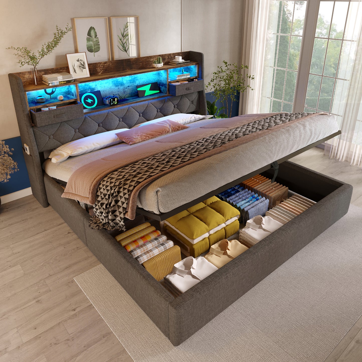 Upholstered Bed 140x190 Cm With Hydraulic Storage Space & LED Headboard, 4 Charging Stations  USB Type-C , Double Bed Incl. Slatted Frame, Grey Linen Fabric  Without Mattress