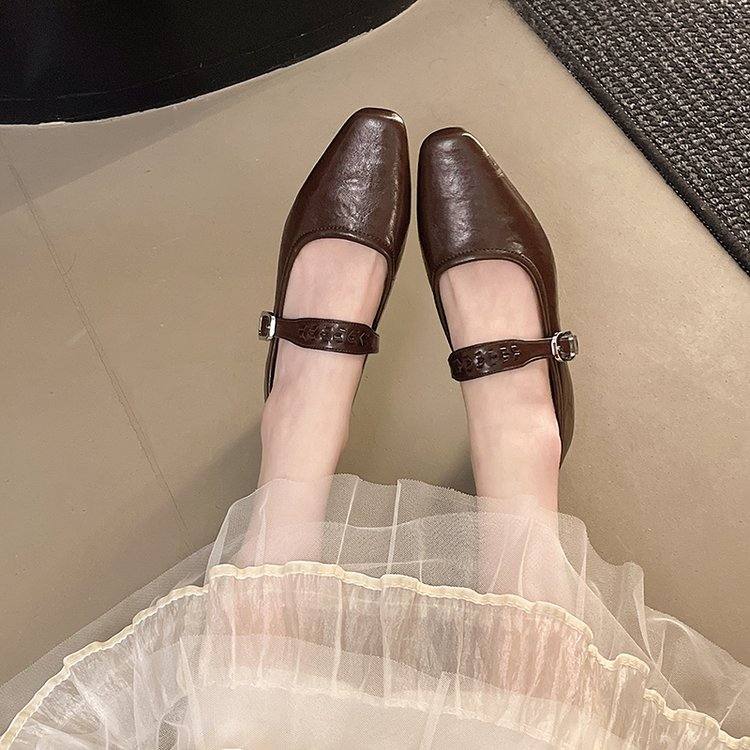 Women Square Toe Block Heel Shallow Mouth Mary Janes, New Premium Elegant Beige Leather Shoes