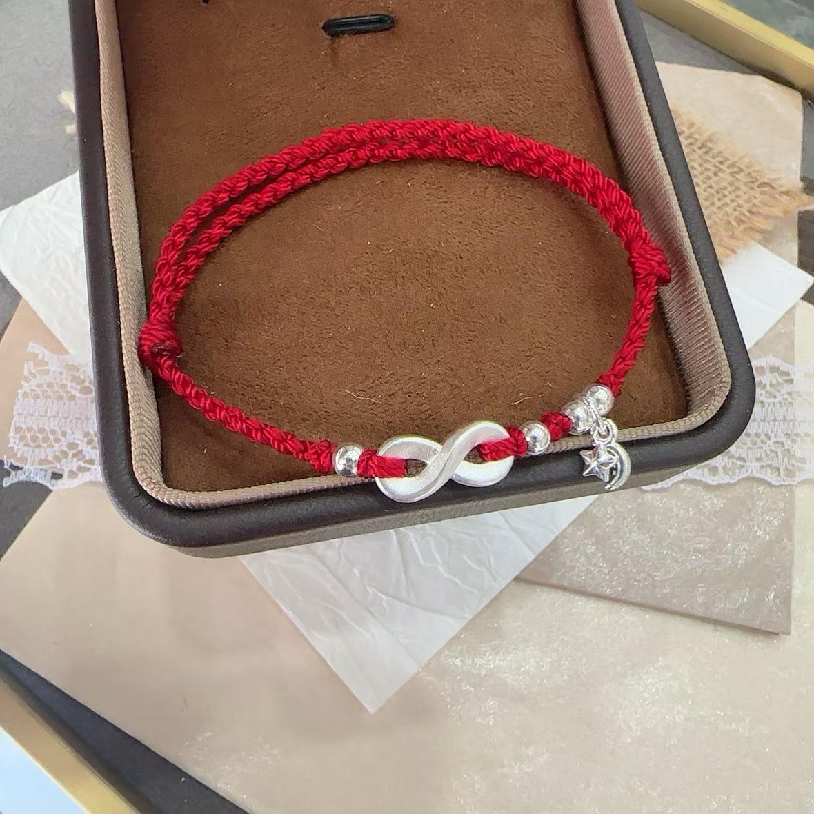 1pcs 999 Sterling Silver Infinity Star Moon Charm Double Red Rope Braided Bracelet, Elegant Chinese Style, For Daily Date Wear & Girlfriend Valentine Lucky Gifts