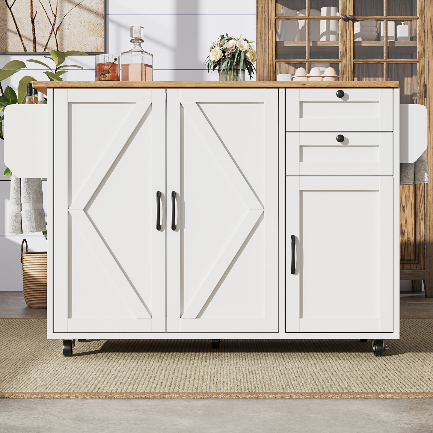 Modern Kitchen Island, Kitchen Cabinet, Buffet Cabinet, Wooden Grain Dining Cart, Buffet Cabinet, Multifunctional Dining Table With Storage Space, Dining Cart With Snack Shelves, White