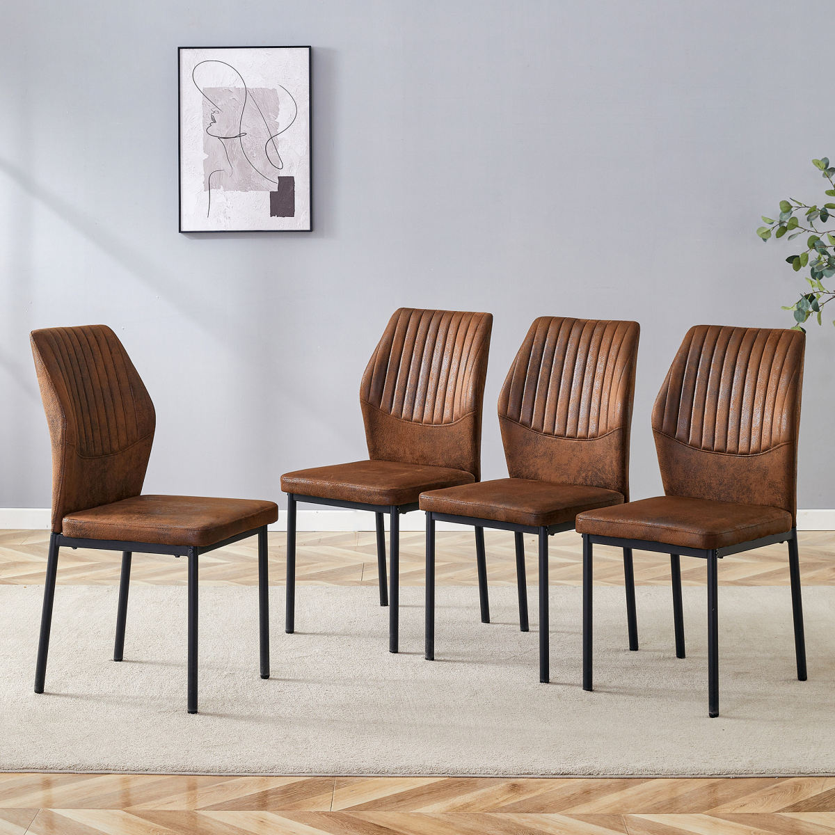 Set Of 4 Dining Chairs In A Light Luxury Style Brown Backrest In Tech Fabric With Vertical Embossing  Black Metal Legs. Suitable For Dining Room Or Living Room In A Modern Light Luxury Design.