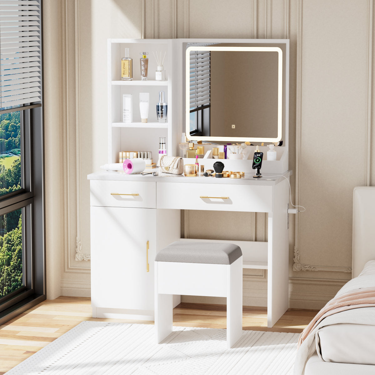 Makeup Vanity Desk With Mirror And Lights, White Vanity Table With Power Outlet And 3 Lighting Modes, Dressing Table Set With Cabinet Drawers Shelves And Storage Stool For Bedroom