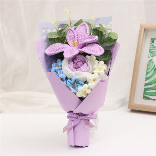 Handmade Crochet Knitted Bouquet, Purple Lily & Gradient Rose Everlasting Yarn Flowers, Aesthetic Floral Ornament For Home Decor And Holiday Gifts