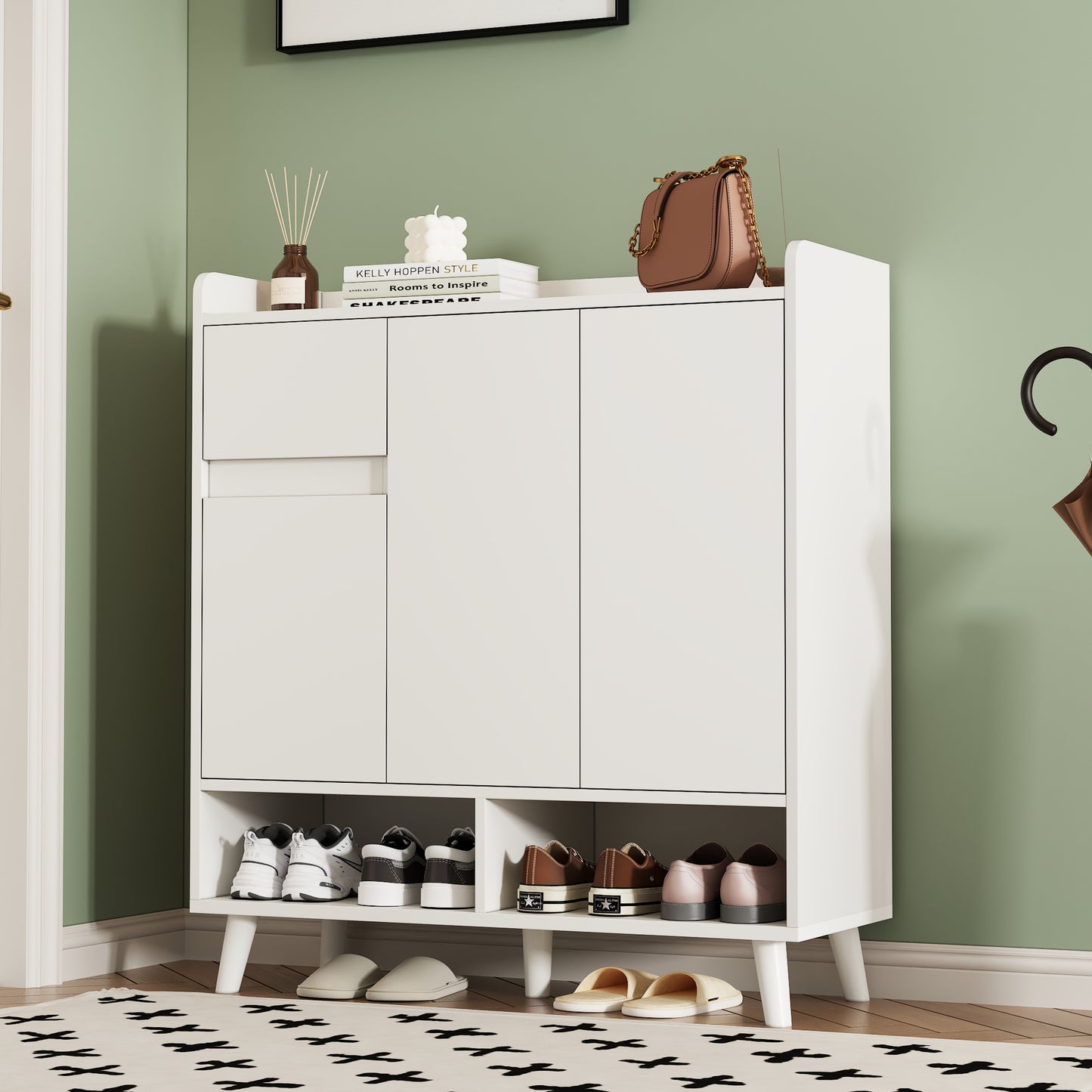 Chest Of Drawers  Sideboard  Shoe Cabinet With Adjustable Shelves - Minimalist Home Organizer With Solid Wood Legs - Dimensions H99 Cm X W90 Cm X D35 Cm