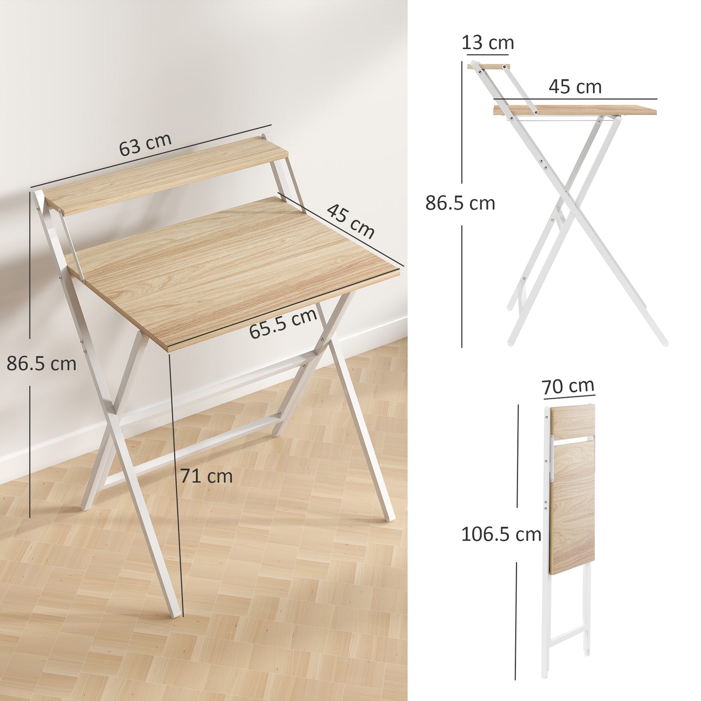 70 Cm Folding Computer Desk With Monitor Shelf - Natural Wood Finish