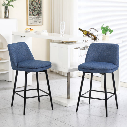 Counter Height Swivel Bar Stools Set Of 2, 360 Swivel Upholstered Barstools With Back And Metal Legs, 25.6 Seat Height,Counter Stools For Kitchen Island And Pub,Linen Cloth,Blue Linen