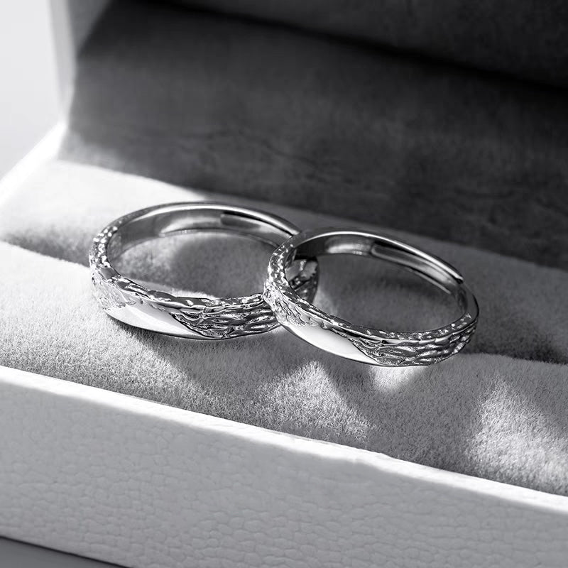1 Pair 999 Sterling Silver Glacier Hammered Couple Rings, Adjustable Promise Rings, Ideal Valentine's Day Gift For Lovers