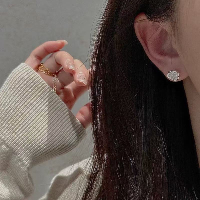 1pair 999 Sterling Silver Rose Stud Earrings, Minimalist Dainty Style, For Daily Wear & Casual Office Outfits