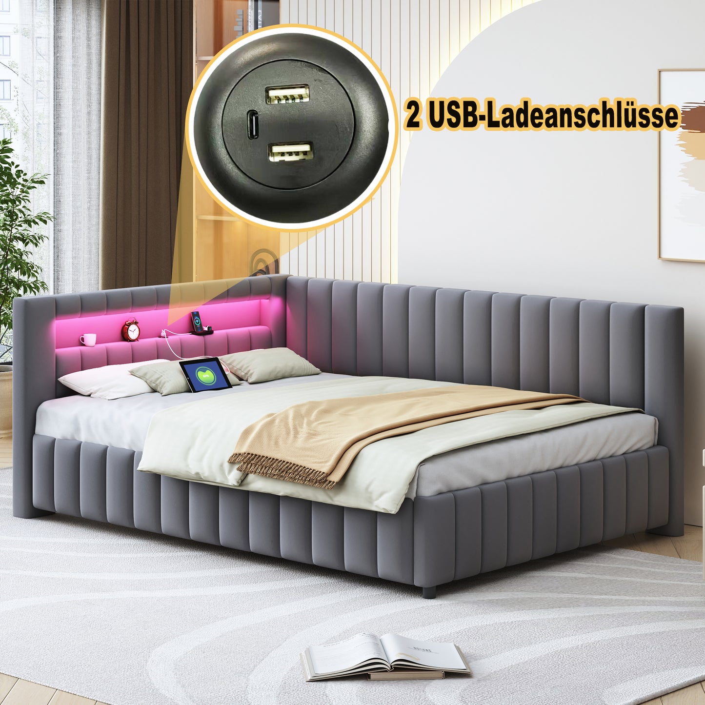 Upholstered Bed Sofa Bed 140x200, Upholstered In Velvet Fabric With LED Light And USB Charging Port, With Backrest, Headboard And Sturdy Bed Frame Grey